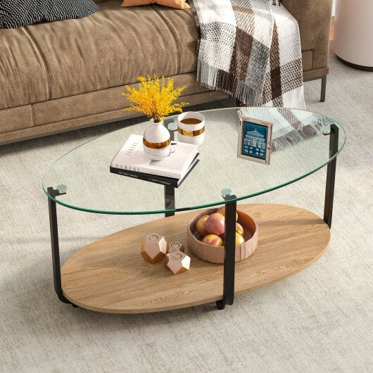 2-Tier Glass-Top Oval Coffee Table with Wooden Shelf for Living Room