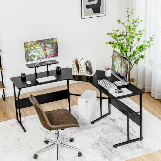 88.5 Inch L Shaped Reversible Computer Desk Table with Monitor Stand-Black - Color: Black - Minihomy