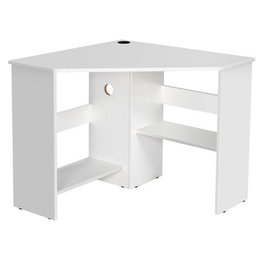 Corner Computer Desk Triangle Writing Workstation with Storage Shelf-White - Color: White - Minihomy