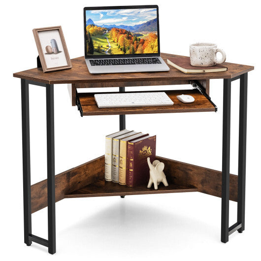 Triangle Corner Desk with Charging Station Keyboard Tray and Storage Shelf-Rustic Brown - Color: Rustic Brown