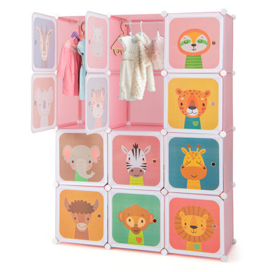12 Cube Kids Wardrobe Closet with Hanging Section and Doors-Pink - Color: Pink