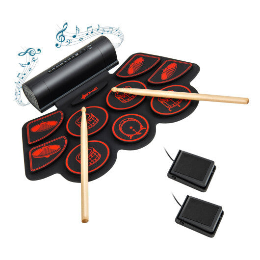 Electronic Drum Set with 2 Build-in Stereo Speakers for Kids-Red - Color: Red - Minihomy