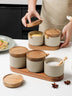 Kitchen Seasoning Pot Ceramic Three Piece Suit Simple Salt Pot Acacia Wood Tray With Cover - Minihomy