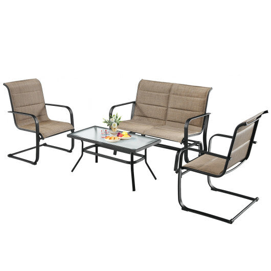 4 Pieces Outdoor Patio Furniture Set with Padded Glider Loveseat and Coffee Table-Brown