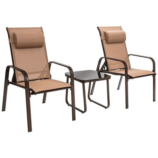 3 Pieces Patio Bistro Furniture Set with Adjustable Backrest-Brown - Color: Brown