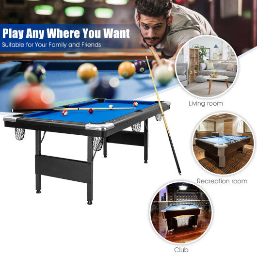 6 Feet Foldable Billiard Pool Table with Complete Set of Balls-Blue - Color: Blue - Minihomy