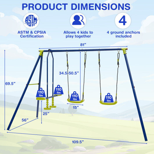 440 Pounds Kids Swing Set with Two Swings and One Glider - Color: Blue - Minihomy