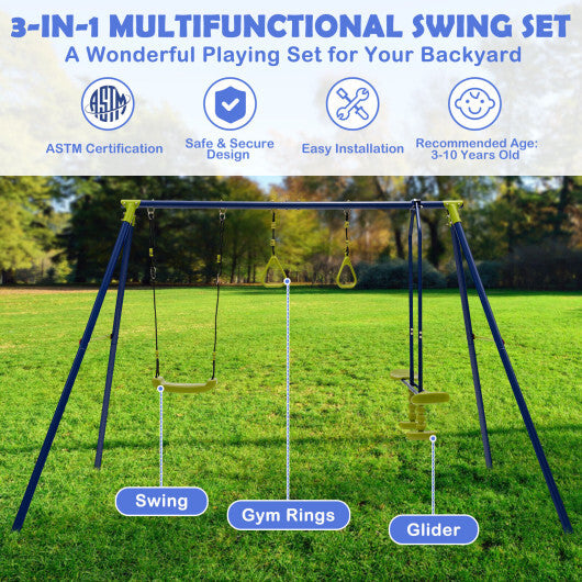 3-in-1 Outdoor Swing Set for Kids Aged 3 to 10 - Color: Blue - Minihomy