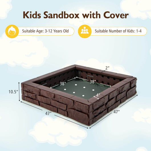 2-In-1 HDPE Kids Sandbox with Cover and Bottom Liner-Brown - Color: Brown - Minihomy