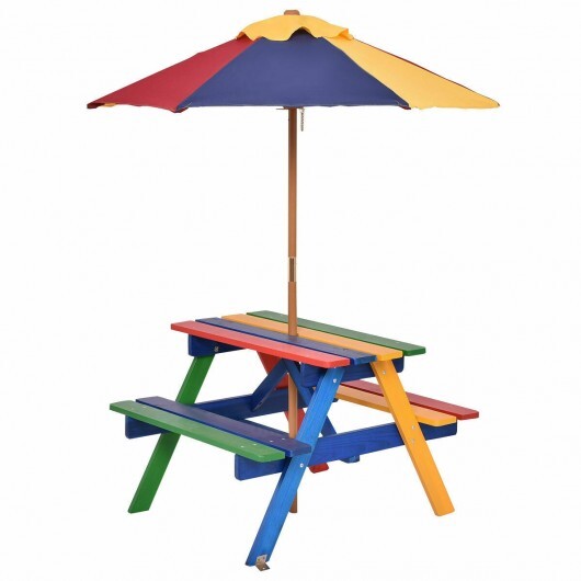 4 Seat Kids Picnic Table with Umbrella-Multicolor - Color: Multicolor