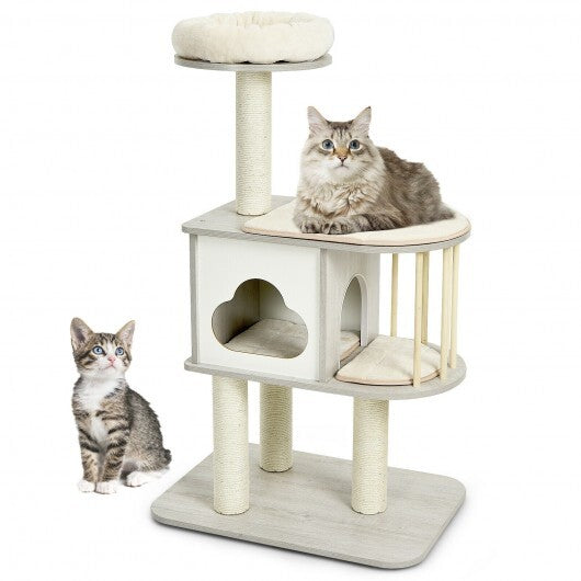 46 Inch Wooden Cat Activity Tree with Platform and Cushionsfor for Cats and Kittens - Color: Gray - Minihomy