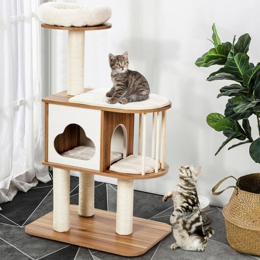 46 Inch Wooden Cat Activity Tree with Platform and Cushionsfor for Cats and Kittens