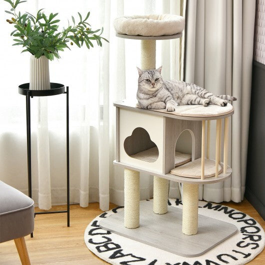 46 Inch Wooden Cat Activity Tree with Platform and Cushionsfor for Cats and Kittens - Minihomy