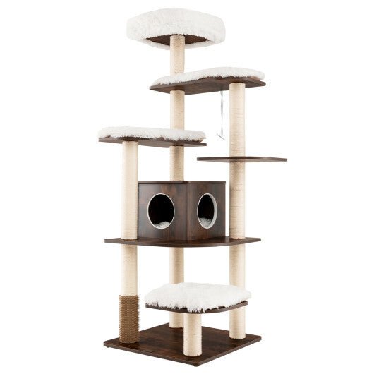 7-Layer Wooden Cat Tree Tall Cat Tower with Sisal Posts and Condo-Brown - Color: Brown - Minihomy