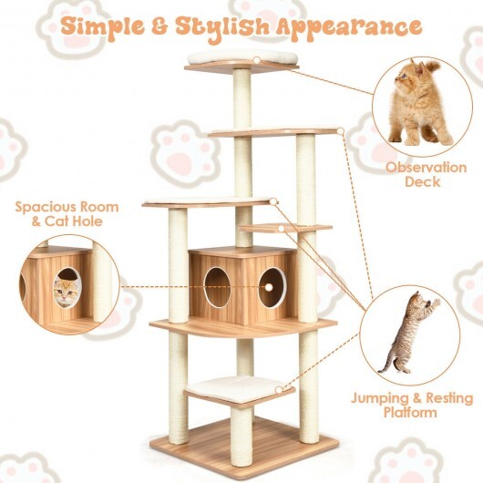 7-Layer Wooden Cat Tree Tall Cat Tower with Sisal Posts and Condo-Natural - Color: Natural - Minihomy