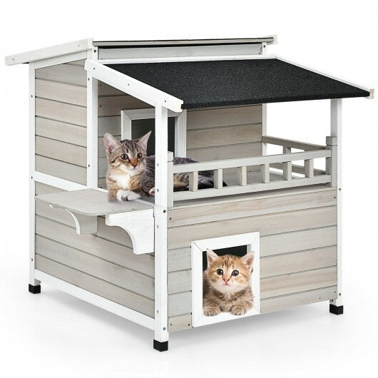 2-Story Wooden Patio Luxurious Cat Shelter House Condo with Large Balcony - Color: Gray