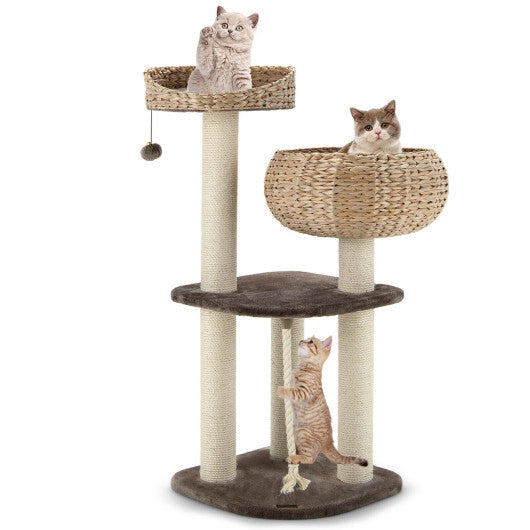 41 Inch Rattan Cat Tree with Napping Perch-Beige - Color: Beige - Minihomy