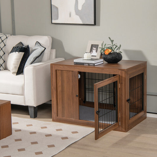 Furniture Dog Crate with Cushion and Double Doors-Walnut - Color: Walnut