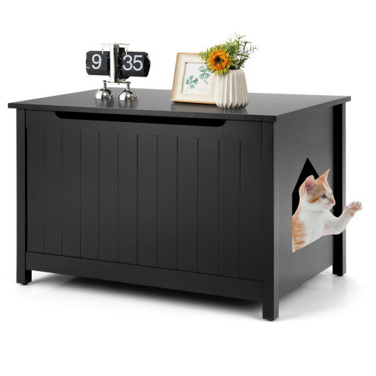 Wooden Cat Litter Box Enclosure with Top Opening Side Table-Black - Color: Black