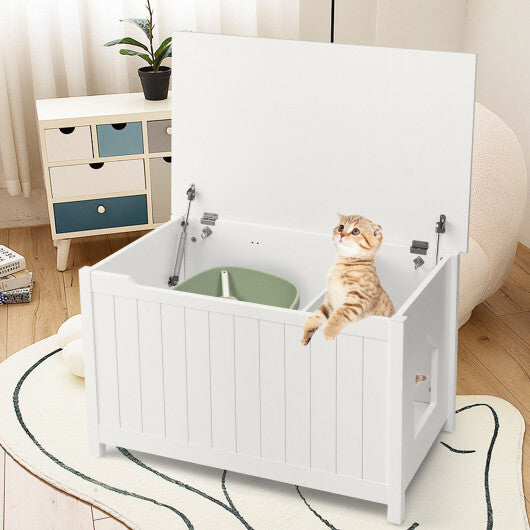 Wooden Cat Litter Box Enclosure with Top Opening Side Table Furniture-White - Color: White