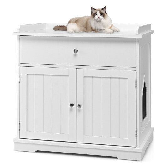 Wooden Cat Litter Box Enclosure with Drawer Side Table Furniture-White - Color: White