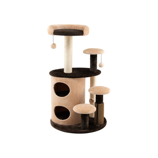 40 Inch Cat Tree Tower Multi-Level Activity Tree with 2-Tier Cat-Hole Condo-Brown - Color: Brown - Minihomy