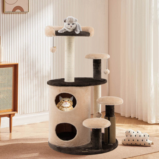 40 Inch Cat Tree Tower Multi-Level Activity Tree with 2-Tier Cat-Hole Condo-Brown - Color: Brown - Minihomy