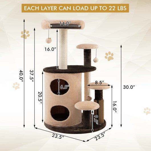 40 Inch Cat Tree Tower Multi-Level Activity Tree with 2-Tier Cat-Hole Condo-Brown - Color: Brown - Minihomy