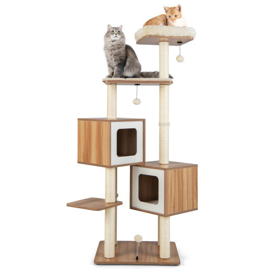 Modern Wooden Cat Tree with Perch Condos and Washable Cushions-Natural - Color: Natural - Minihomy