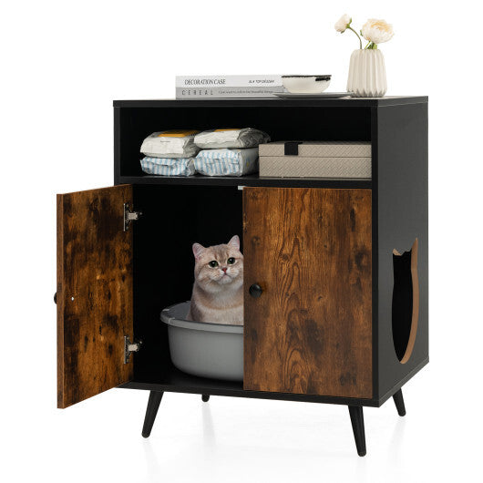 Industrial Cat Litter Box Enclosure with Entry and Open Compartment-Rustic Brown - Color: Rustic Brown - Minihomy