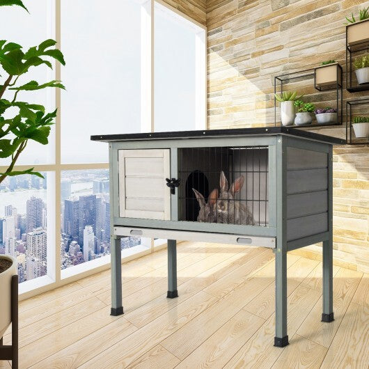 Small Elevated Rabbit Hutch with Hinged Asphalt Roof and Removable Tray - Color: Gray