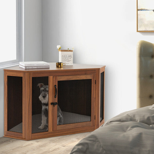 Corner Dog Kennel with Mesh Door and Cushion-Brown - Color: Brown