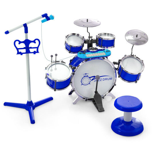 Kids Jazz Drum Keyboard Set with Stool and Microphone Stand-Blue - Color: Blue