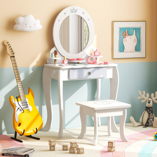 Kids 2-in-1 Princess Makeup Table and Chair Set with Removable Mirror-White - Color: White