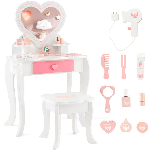 Kids Vanity Set with Heart-shaped Mirror-White - Color: White