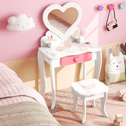 Kids Vanity Set with Heart-shaped Mirror-White - Color: White - Minihomy