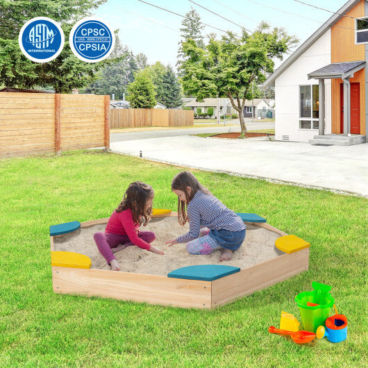 Outdoor Solid Wood Sandbox with 6 Built-in Fan-shaped Seats - Color: Multicolor - Minihomy