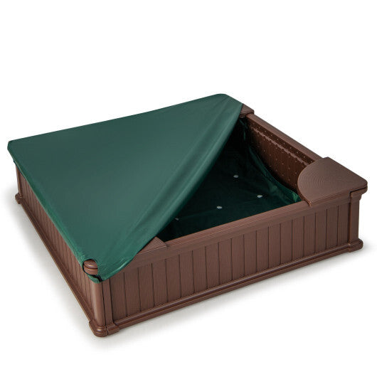 Kids Outdoor Sandbox with Oxford Cover and 4 Corner Seats-Brown - Color: Brown - Minihomy