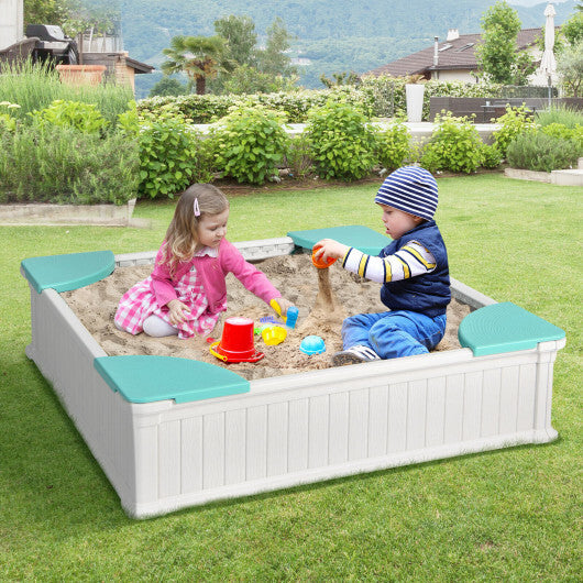 Kids Outdoor Sandbox with Oxford Cover and 4 Corner Seats-White - Color: White - Minihomy