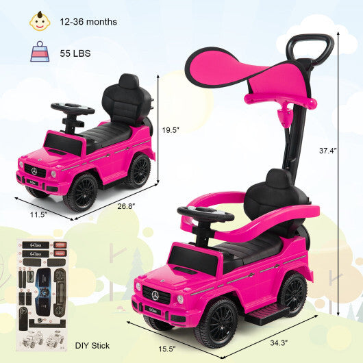 3-In-1 Ride on Push Car Mercedes Benz G350 Stroller Sliding Car with Canopy-Pink - Color: Pink - Minihomy