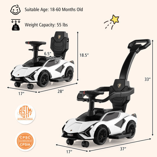 3 in 1 Licensed Lamborghini Ride Walking Toy Stroller-White - Color: White - Minihomy