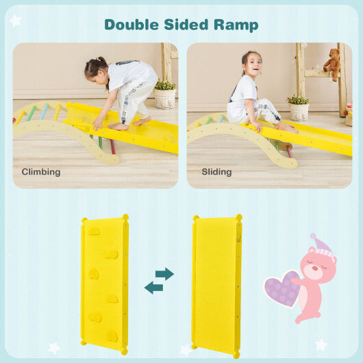 3-in-1 Kids Climber Set Wooden Arch Triangle Rocker with Ramp and Mat - Color: Yellow - Minihomy