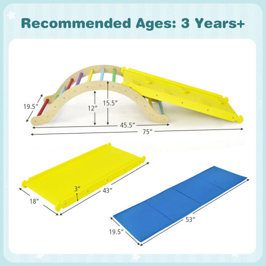 3-in-1 Kids Climber Set Wooden Arch Triangle Rocker with Ramp and Mat - Color: Yellow - Minihomy