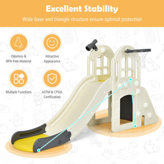 6-In-1 Large Slide for Kids Toddler Climber Slide Playset with Basketball Hoop-Yellow - Color: Yellow - Minihomy