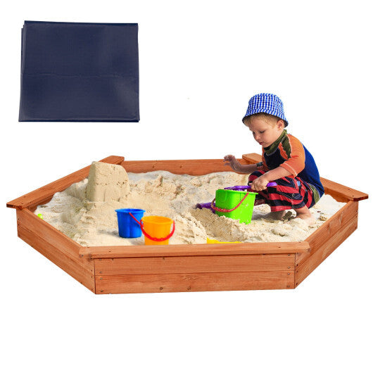 Hexagon Wooden Cedar Sand Box with Seat Boards - Minihomy