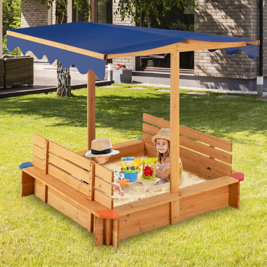 Kids Wooden Sandbox with Canopy and 2 Bench Seats - Color: Natural