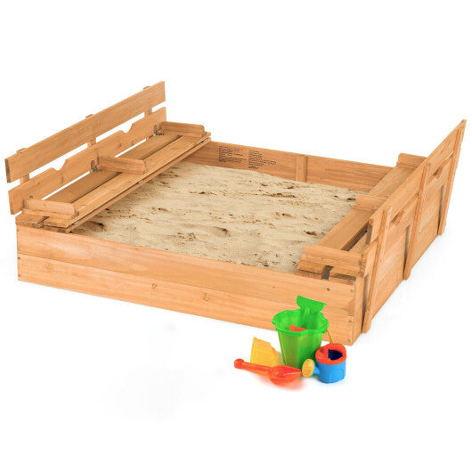 Kids Wooden Sandbox with 2 Foldable Bench Seats - Color: Brown