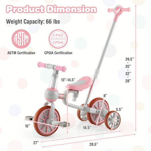 4-in-1 Kids Trike Bike with Adjustable Parent Push Handle and Seat Height-Pink - Color: Pink - Minihomy