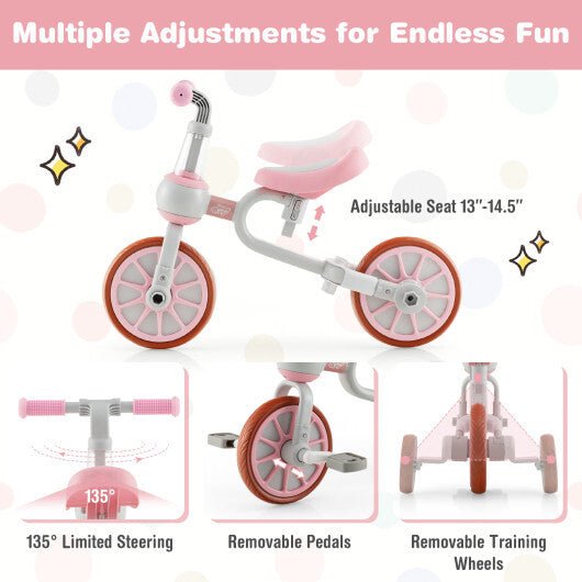 4-in-1 Kids Trike Bike with Adjustable Parent Push Handle and Seat Height-Pink - Color: Pink - Minihomy