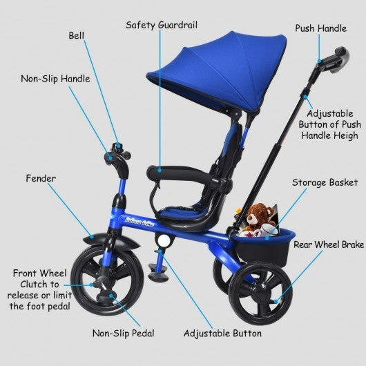 4-in-1 Kids Tricycle with Adjustable Push Handle-Blue - Color: Blue